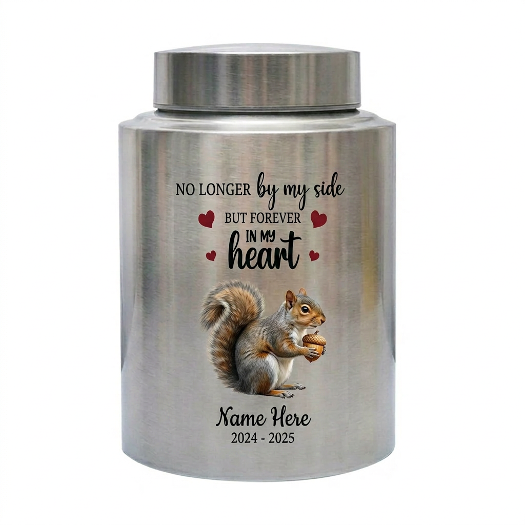 Personalized Squirrel Stainless Steel Cremation Urn for Human Ashes, Pet Loss Custom UV Print Container, No Longer By My Side Quote, Memorial Keepsake Urn, Memorial Gift, In Loving Memory - Image 1