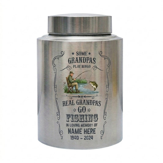 Personalized Bass Fishing Grandpa Urns for Human Ashes UV Printed Metal Funeral Tribute Fisherman Angler 4 Colors 2 Sizes Memorial Keepsake Urn, Memorial Gift, In Loving Memory - Image 1