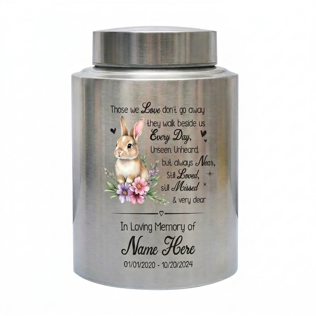Personalized Angel Wings Rabbit Baby Loss Infant Stainless Steel UV Printed Those We Love Don't Go Away Quote Boy Girl Grief Support 2 Sizes Memorial Keepsake Urn, Memorial Gift, In Loving Memory - Image 1