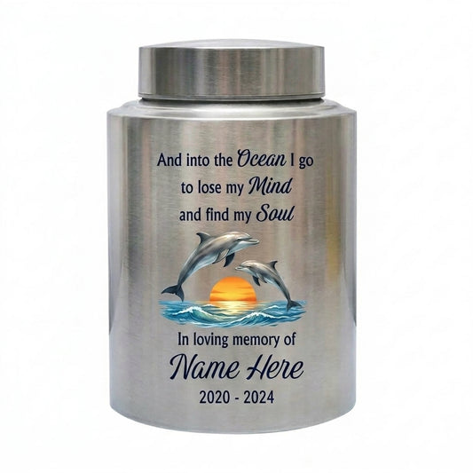 Personalized Dolphin Ocean Stainless Steel Cremation Urn for Adult Male Female Mom Dad, Large UV Print Decorative Funeral Ashes Container, Memorial Keepsake Urn, Memorial Gift, In Loving Memory - Image 1