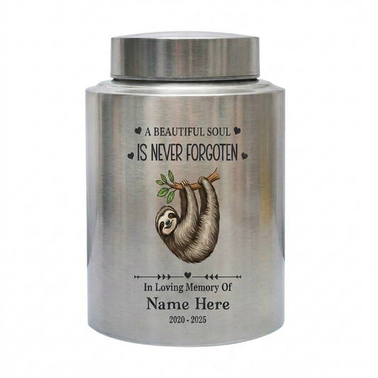 Personalized Sloth UV Printed Stainless Steel Cremation Urn for Human Ashes Adult or Pet Loss Gentle Spirit Wildlife Tribute 2 Sizes 4 Colors Memorial Keepsake Urn, Memorial Gift, In Loving Memory - Image 1