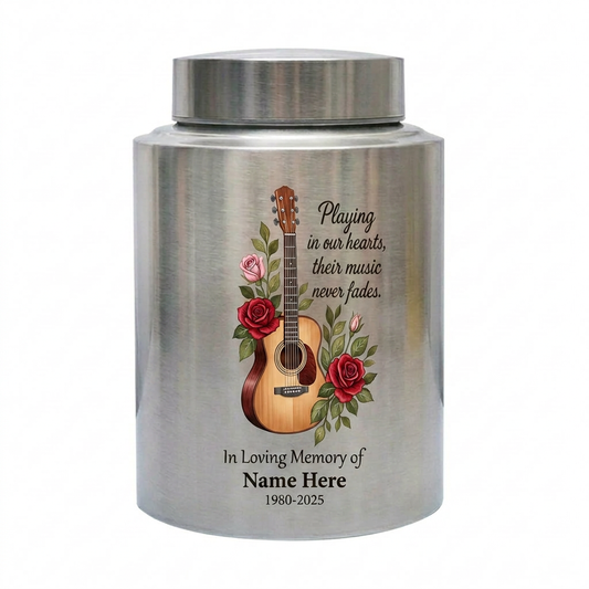 Personalized Guitar Music Lovers Stainless Steel Funeral Urn for Musician Adult Male Female Human Ashes Burial Container Silver Black Gold Red Memorial Keepsake Urn, Memorial Gift, In Loving Memory - Image 1