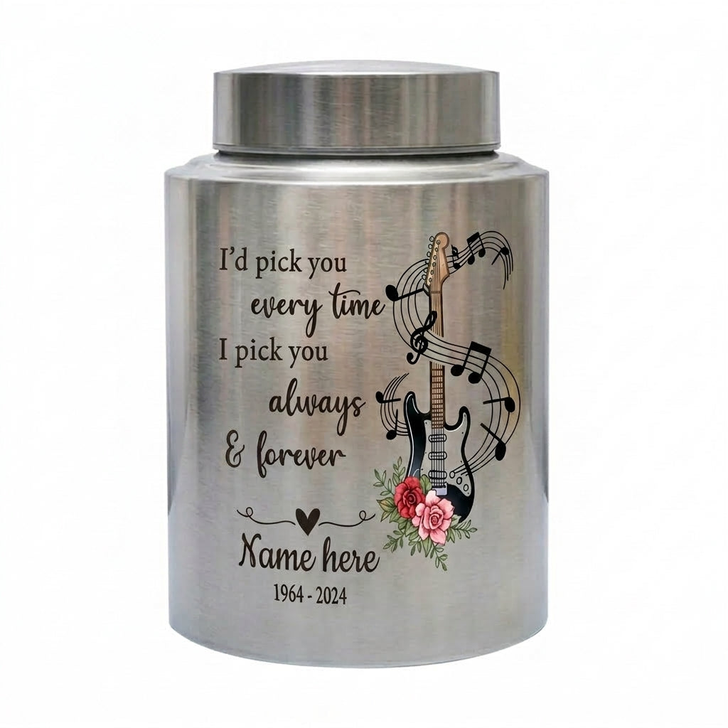 Personalized Guitar Stainless Steel Cremation Urn for Husband Wife Partner Music Lover Musician Loved One Large or Small Memorial Keepsake Urn, Memorial Gift, In Loving Memory - Image 1