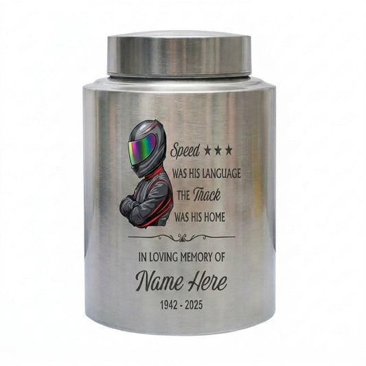 Personalized Racing Track UV Printed Cremation Urn for Men Father Car Enthusiast, Custom Speed Victory Tribute Ashes Holder, Large 5.9x3.9, Memorial Keepsake Urn, Memorial Gift, In Loving Memory - Image 1