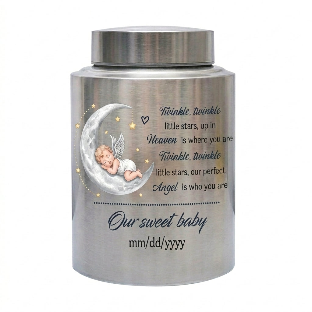 Personalized Baby Moon Stainless Steel Urn for Infant Child Boy Girl, Decorative Twinkle Star Nursery Urn, Custom Angel Funeral Ash Holder, Memorial Keepsake Urn, Memorial Gift, In Loving Memory - Image 1
