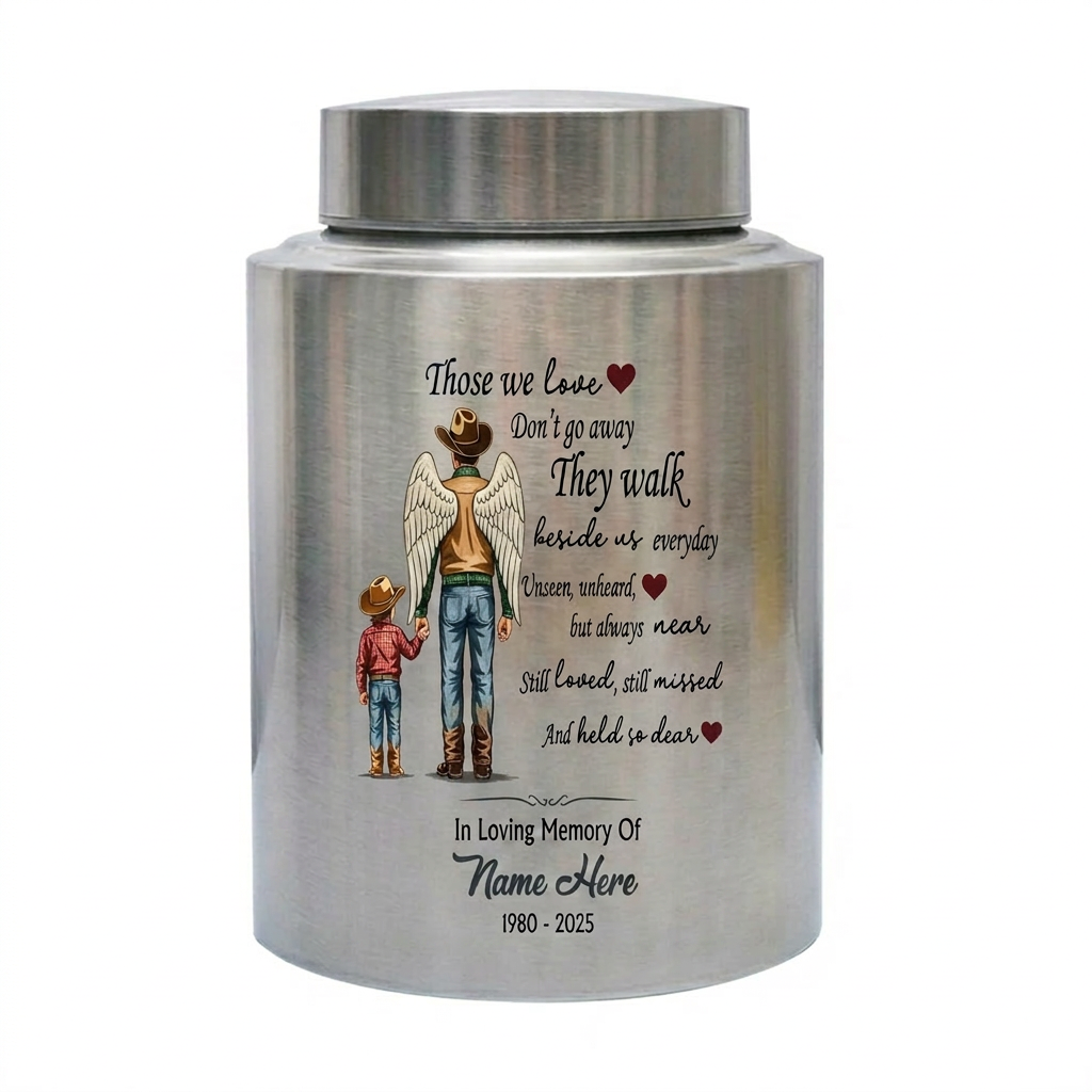 Personalized Cowboy Boots Hat Cross Stainless Steel Urn for Adult Human Ashes Loss of Father Husband Grandpa UV Printed Small and Large Memorial Keepsake Urn, Memorial Gift, In Loving Memory - Image 1