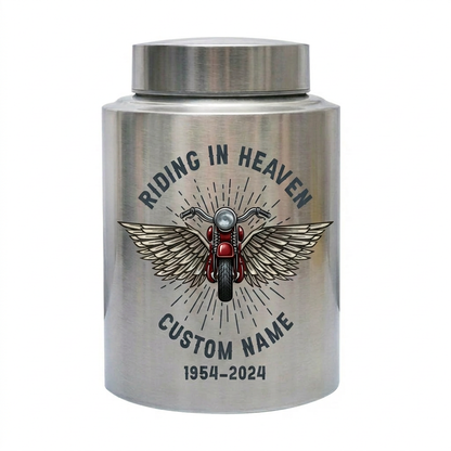 Personalized Motorcycle Cremation Urn Stainless Steel Riding In Heaven Biker Tribute for Dad Husband Two Sizes Black Gold Red Memorial Keepsake Urn, Memorial Gift, In Loving Memory - Image 1