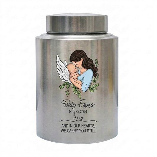 Personalized Angel Baby Memorial UV Printed Metal Urn For Loss of Infant Child Grieving Keepsake for Parents Four Color Options Memorial Keepsake Urn, Memorial Gift, In Loving Memory - Image 1