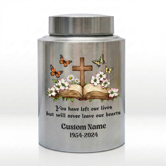 Personalized Christian Cross Bible Floral Urn, Custom Name Date Stainless Steel Adult Ash Container, Bereavement Sympathy Funeral Memorial Keepsake Urn, Memorial Gift, In Loving Memory - Image 1