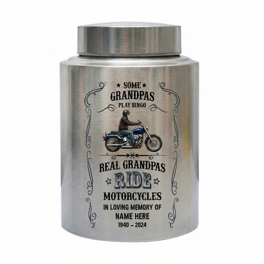 Personalized Motorcycle Stainless Steel Large Urn for Human Ashes, Real Grandpas Ride Motorcycles Biker Dad Grandfather Tribute, Memorial Keepsake Urn, Memorial Gift, In Loving Memory - Image 1
