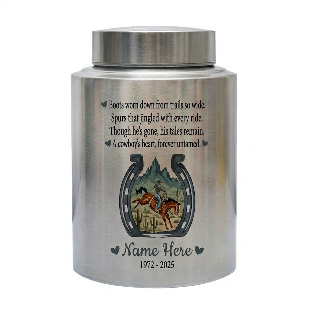 Personalized Cowboy Boots Hat Horseshoe UV Printed Stainless Steel Urn for Adult Ashes Western Sympathy Father Husband Large Memorial Keepsake Urn, Memorial Gift, In Loving Memory - Image 1