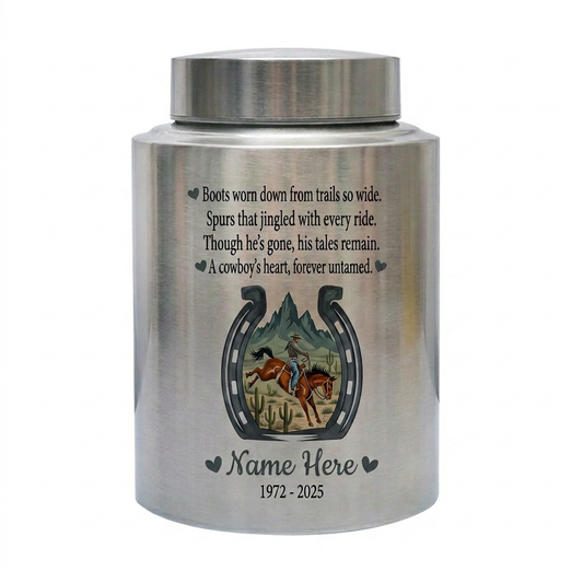 Personalized Cowboy Boots Hat Horseshoe UV Printed Stainless Steel Urn for Adult Ashes Western Sympathy Father Husband Large Memorial Keepsake Urn, Memorial Gift, In Loving Memory - Image 1