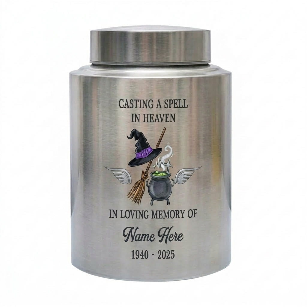 Personalized Witchcraft Lover Memorial UV Printed Stainless Steel Urn for Adult Human Ashes Casting A Spell Wiccan Pagan Bereavement Memorial Keepsake Urn, Memorial Gift, In Loving Memory - Image 1