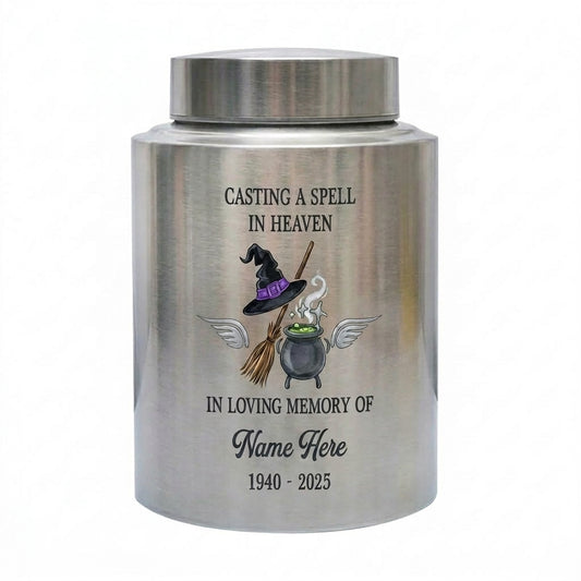Personalized Witchcraft Lover Memorial UV Printed Stainless Steel Urn for Adult Human Ashes Casting A Spell Wiccan Pagan Bereavement Memorial Keepsake Urn, Memorial Gift, In Loving Memory - Image 1