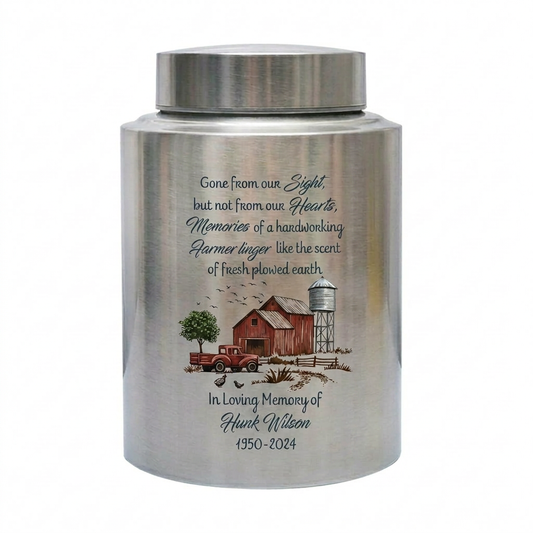 Personalized Farmer Stainless Steel UV Printed Cremation Ashes Holder for Grandpa Dad Husband Loss of Loved One Large 4 Color Container Memorial Keepsake Urn, Memorial Gift, In Loving Memory - Image 1