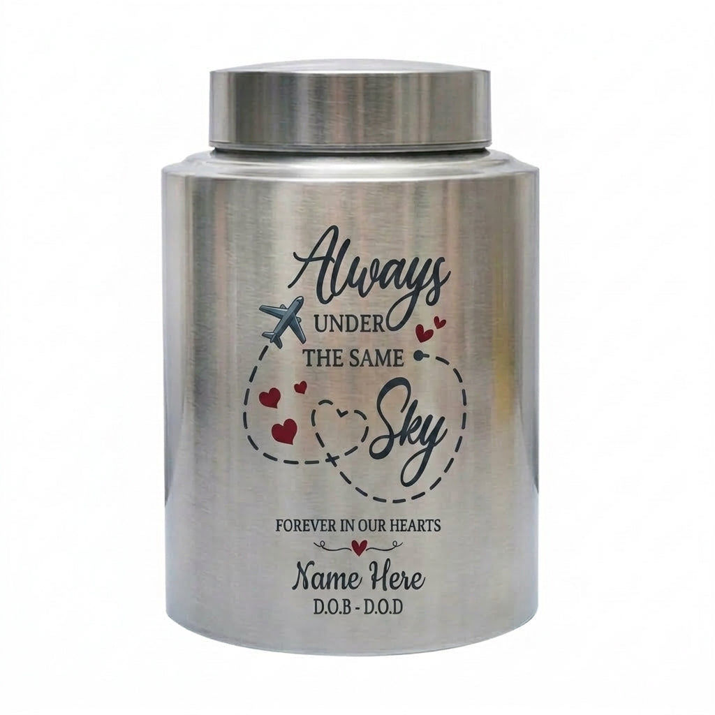 Personalized Airplane Under The Same Sky Stainless Steel Large Cremation Urn For Ashes Travel Theme Custom Name Dates Loss Of Pilot Memorial Keepsake Urn, Memorial Gift, In Loving Memory - Image 1