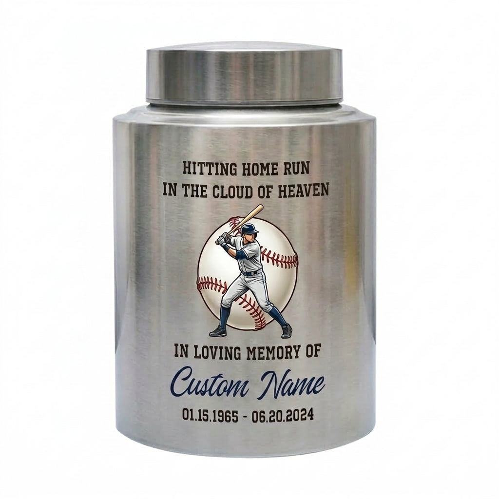 Personalized Baseball Stainless Steel Urn for Human Ashes, Sports Fan Athlete Coach Bereavement Tribute, Funeral Ash Container Large Small, Memorial Keepsake Urn, Memorial Gift, In Loving Memory - Image 1