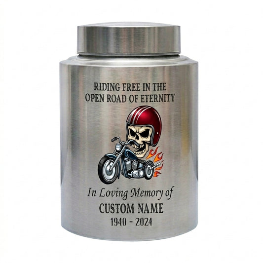 Personalized Motorcycle Stainless Steel Urns for Human Ashes Dad Husband Men Riding Free Biker Tribute UV Printed Large Small Sizes Memorial Keepsake Urn, Memorial Gift, In Loving Memory - Image 1