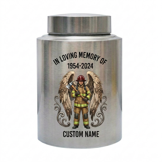 Personalized Firefighter Urn for Human Ashes, Custom Name Date Fireman Angel Wings Cremation Jar, Decorative Stainless Steel Loss Tribute, Memorial Keepsake Urn, Memorial Gift, In Loving Memory - Image 1