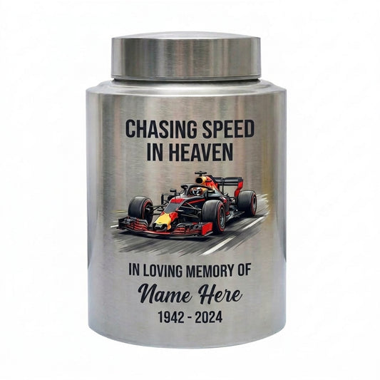 Personalized Racing Theme Stainless Steel Cremation Urn for Human Ashes, Custom Chasing Speed in Heaven Tribute for Motorsports Fans, 2 Sizes, Memorial Keepsake Urn, Memorial Gift, In Loving Memory - Image 1