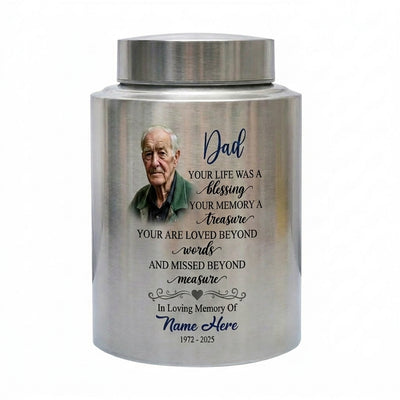 Personalized Dad Your Life Was A Blessing Custom Name Date UV Printed Stainless Steel Cremation Ash Container Loss Of Father Parent Bereavement Memorial Keepsake Urn, Memorial Gift, In Loving Memory - Image 1 | BXGH-SMALL-SILVER-B0F99S2VRC BXGH-SMALL-BLACK-B0F99S2VRC BXGH-SMALL-RED-B0F99S2VRC BXGH-SMALL-GOLDEN-B0F99S2VRC BXGH-LARGE-SILVER-B0F99S2VRC BXGH-LARGE-BLACK-B0F99S2VRC BXGH-LARGE-RED-B0F99S2VRC BXGH-LARGE-GOLDEN-B0F99S2VRC