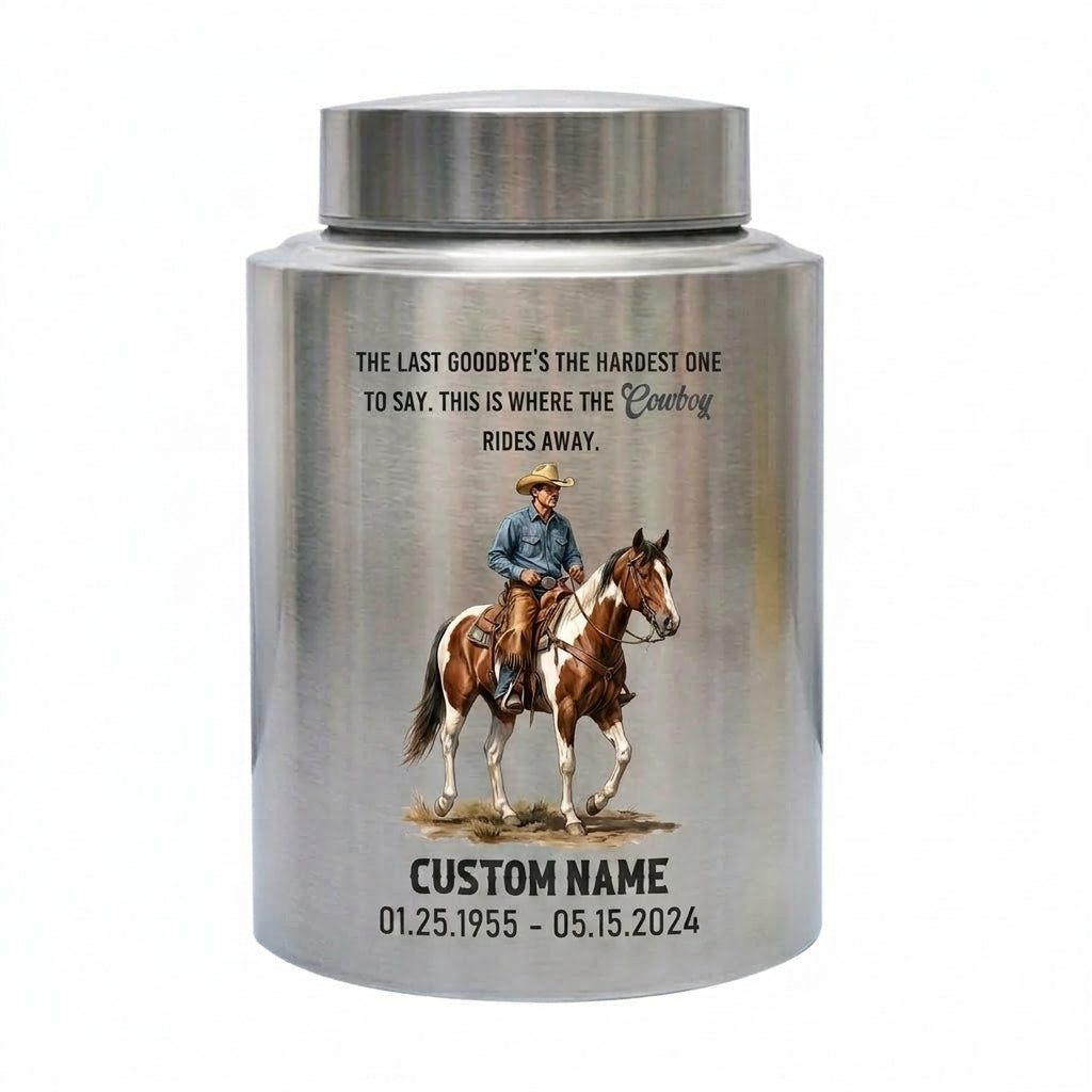 Personalized Cowboy Boots Hat Cross Stainless Steel Urn for Father Grandfather Husband Loss, Adult Human Ashes Funeral Display, Large Two Sizes, Memorial Keepsake Urn, Memorial Gift, In Loving Memory - Image 1