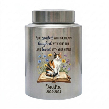 Personalized Pet Dog Cat Loss Stainless Steel Decorative Urn for Ashes Smiled With Your Eyes Quote Large Small Bereavement Memorial Keepsake Urn, Memorial Gift, In Loving Memory - Image 1