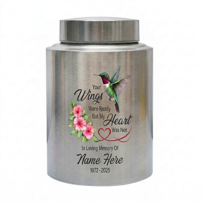 Personalized Hummingbird Stainless Steel Cremation Urn for Human Ashes, Your Wings Were Ready Bereavement Condolence Loss of Loved One Memorial Keepsake Urn, Memorial Gift, In Loving Memory - Image 1