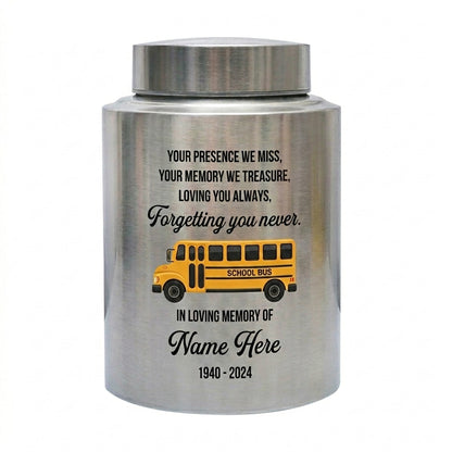 Personalized School Bus UV Print Stainless Steel Large Urn for Human Ashes Loss Of Loved One Bus Driver Bereavement Remembrance Memorial Keepsake Urn, Memorial Gift, In Loving Memory - Image 1