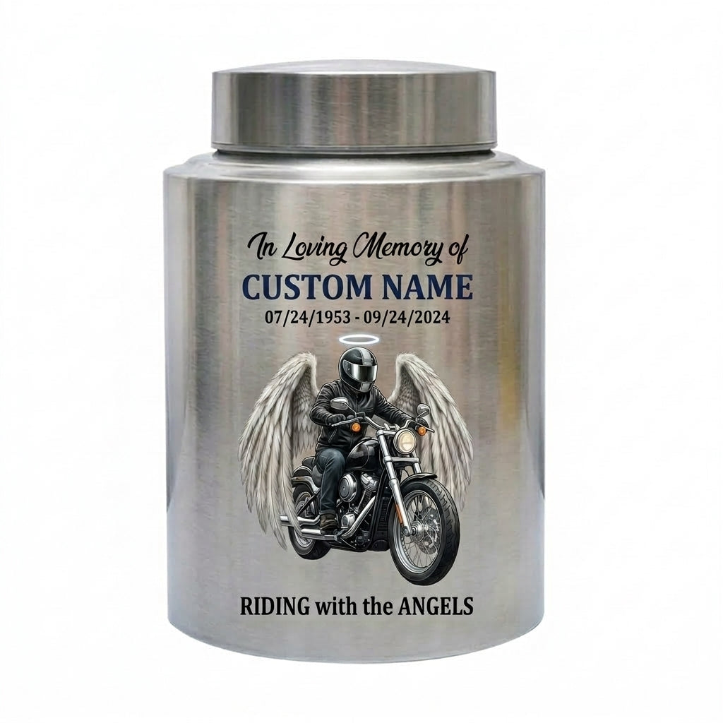 Personalized Motorcycle Biker Stainless Steel Decorative Urn for Human Ashes Adult Male Dad Husband Custom Large UV Printed Memorial Keepsake Urn, Memorial Gift, In Loving Memory - Image 1