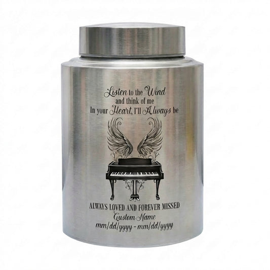 Personalized Piano Angel Wings Music Lover Stainless Steel Large Burial Urn For Adult Ashes Listen To The Wind Quote Silver Black Gold Red Memorial Keepsake Urn, Memorial Gift, In Loving Memory - Image 1