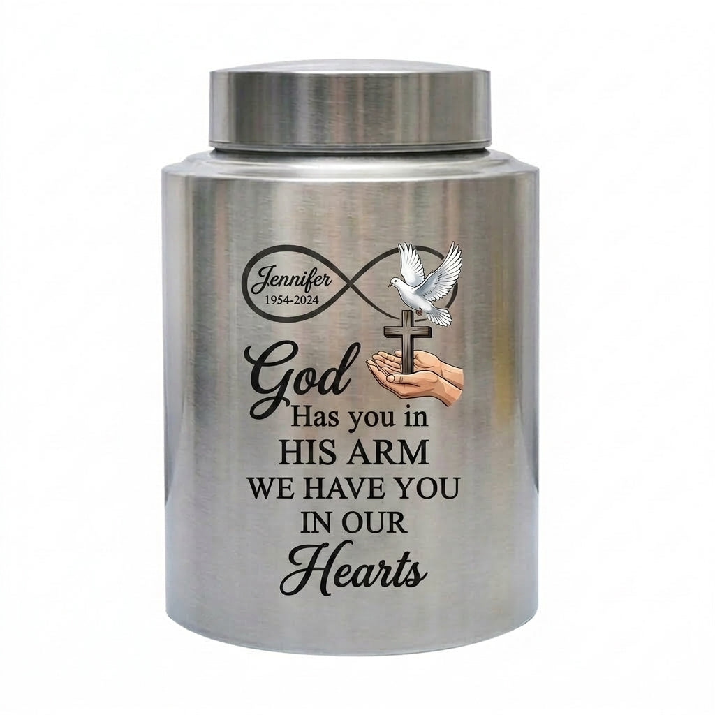 Personalized Christian Dove Infinity Cross Stainless Steel Religious Cremation Urn Loss of Mother Father Family Member Bereavement Sympathy Memorial Keepsake Urn, Memorial Gift, In Loving Memory - Image 1