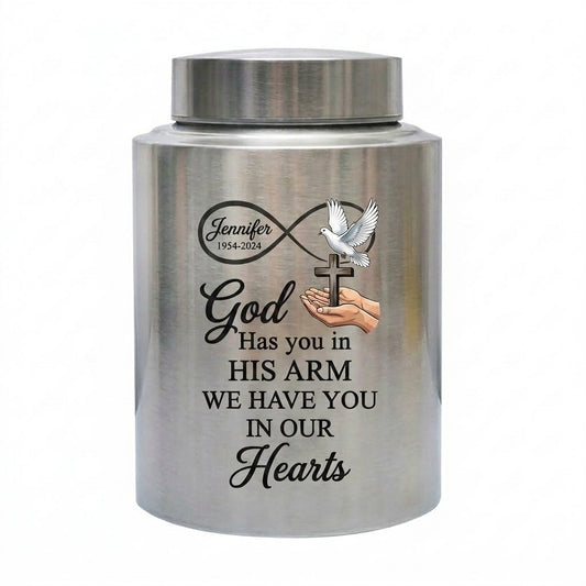Personalized Christian Dove Infinity Cross Stainless Steel Religious Cremation Urn Loss of Mother Father Family Member Bereavement Sympathy Memorial Keepsake Urn, Memorial Gift, In Loving Memory - Image 1