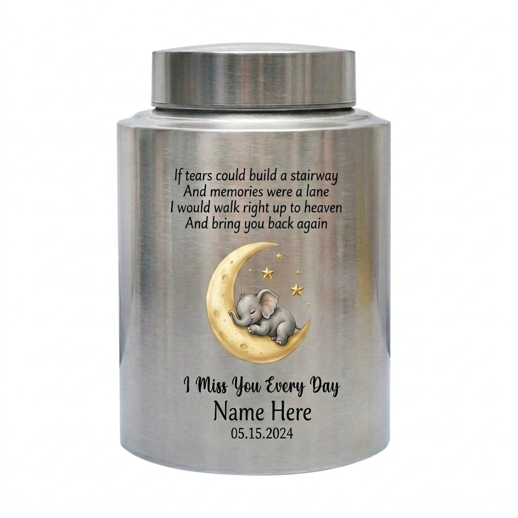 Personalized Angel Baby Stairway to Heaven Stainless Steel Large Urn for Ashes, Infant Loss Remembrance Bereavement Sympathy, Memorial Keepsake Urn, Memorial Gift, In Loving Memory - Image 1