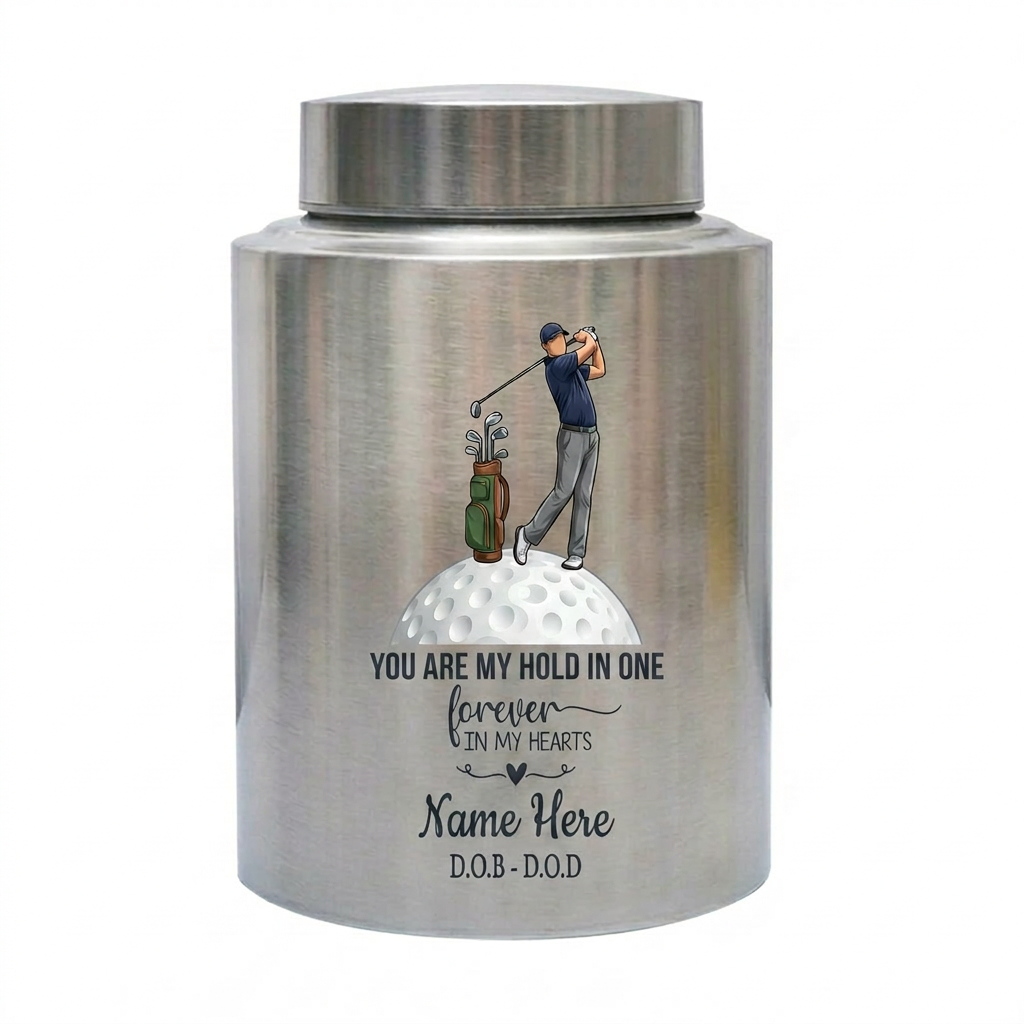 Personalized Golf Players Golfing UV Print Stainless Steel Urn for Adult Male Human Ashes Dad Grandpa Husband Loss Large Decorative Memorial Keepsake Urn, Memorial Gift, In Loving Memory - Image 1