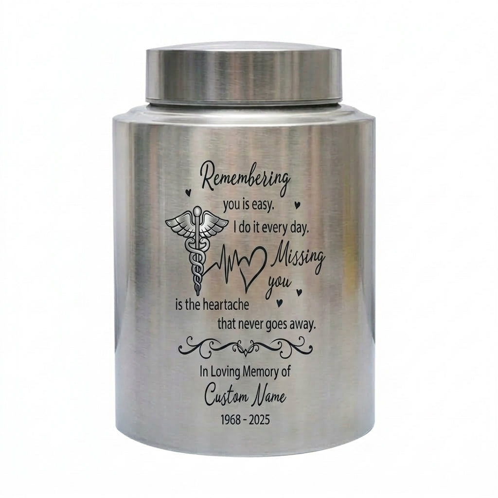 Personalized Doctor Nurse Medical Caduceus Stainless Steel Cremation Urn for Adult Ashes Large Custom UV Print Heartbeat Sympathy Tribute Memorial Keepsake Urn, Memorial Gift, In Loving Memory - Image 1