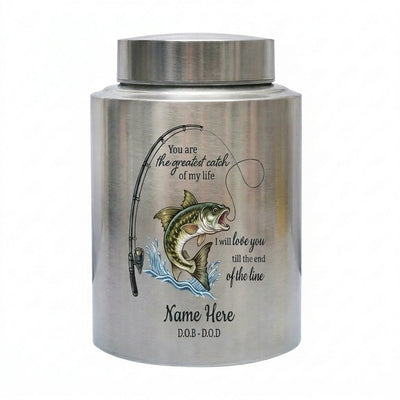 Personalized Bass Fishing Stainless Steel Large Urns For Human Ashes, Husband Fisherman Angler Tribute, Greatest Catch Of My Life, Memorial Keepsake Urn, Memorial Gift, In Loving Memory - Image 1 | BXGH-SMALL-SILVER-B0DKTBM2G1 BXGH-SMALL-BLACK-B0DKTBM2G1 BXGH-SMALL-RED-B0DKTBM2G1 BXGH-SMALL-GOLDEN-B0DKTBM2G1 BXGH-LARGE-SILVER-B0DKTBM2G1 BXGH-LARGE-BLACK-B0DKTBM2G1 BXGH-LARGE-RED-B0DKTBM2G1 BXGH-LARGE-GOLDEN-B0DKTBM2G1