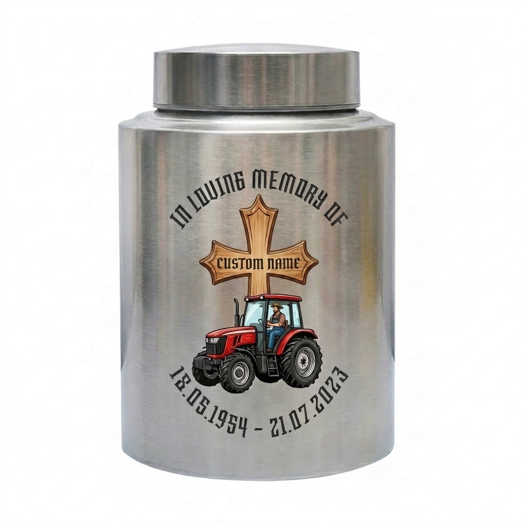 Personalized Farmer Tractor Gothic Cross Stainless Steel Urn for Human Ashes Loss of Father Grandfather Husband Decorative 5.9x3.9 7.5x5.1 Memorial Keepsake Urn, Memorial Gift, In Loving Memory - Image 1