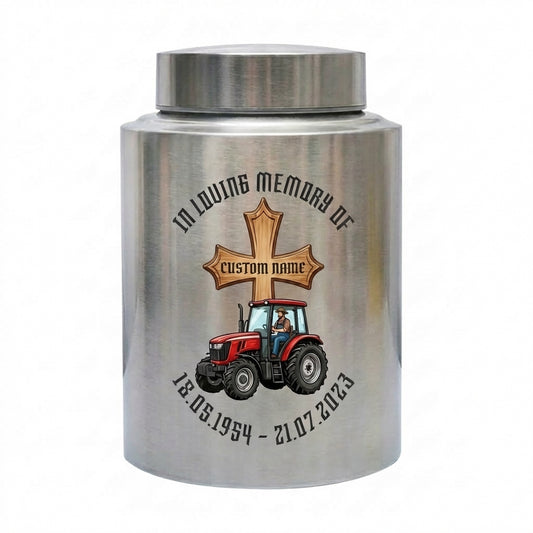 Personalized Farmer Tractor Gothic Cross Stainless Steel Urn for Human Ashes Loss of Father Grandfather Husband Decorative 5.9x3.9 7.5x5.1 Memorial Keepsake Urn, Memorial Gift, In Loving Memory - Image 1