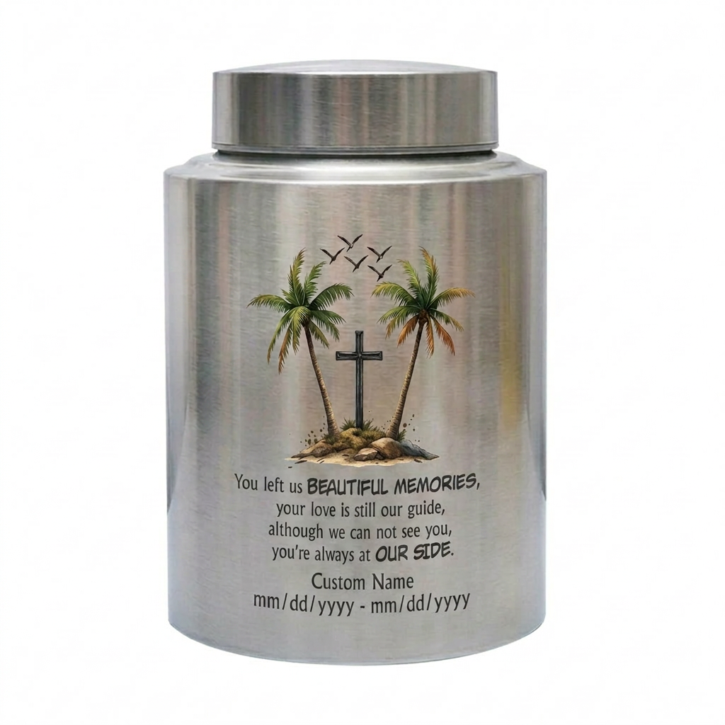 Personalized Beach Palm Tree Cross Stainless Steel Funeral Urn for Loss of Mom Dad Loved One Adult Human Ashes Small Large Memorial Keepsake Urn, Memorial Gift, In Loving Memory - Image 1