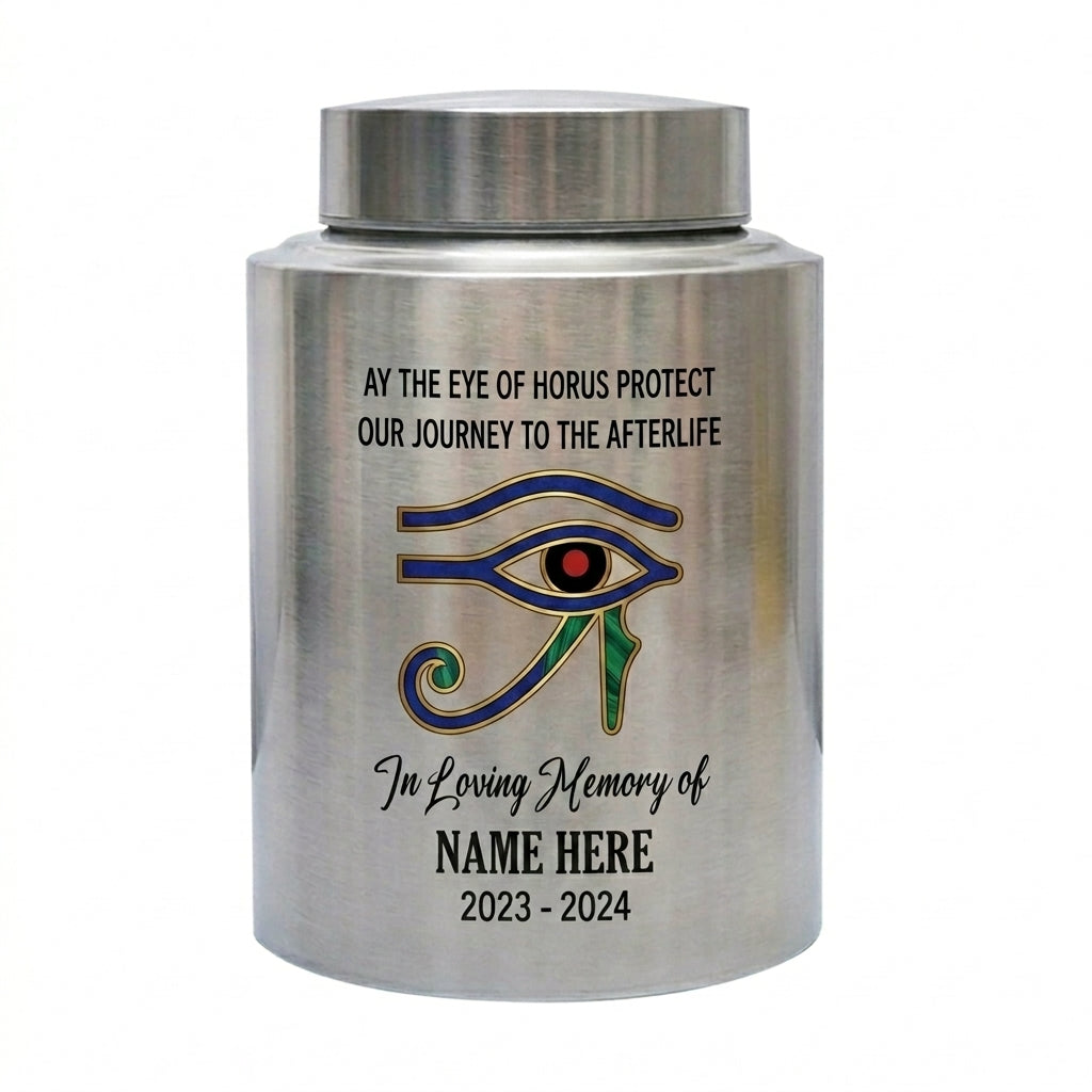 Personalized Eye of Horus Egyptian Hamsa Evil Eye Stainless Steel Cremation Container for Human Ashes Bereavement Tribute Jar Memorial Keepsake Urn, Memorial Gift, In Loving Memory - Image 1