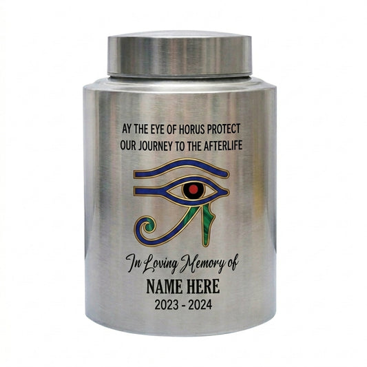 Personalized Eye of Horus Egyptian Hamsa Evil Eye Stainless Steel Cremation Container for Human Ashes Bereavement Tribute Jar Memorial Keepsake Urn, Memorial Gift, In Loving Memory - Image 1