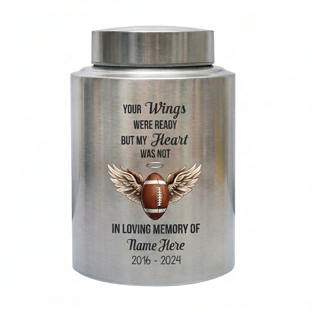 Personalized American Football UV Printed Stainless Steel Urn for Loss of Sports Fan Player Bereavement Remembrance 2 Sizes Memorial Keepsake Urn, Memorial Gift, In Loving Memory - Image 1