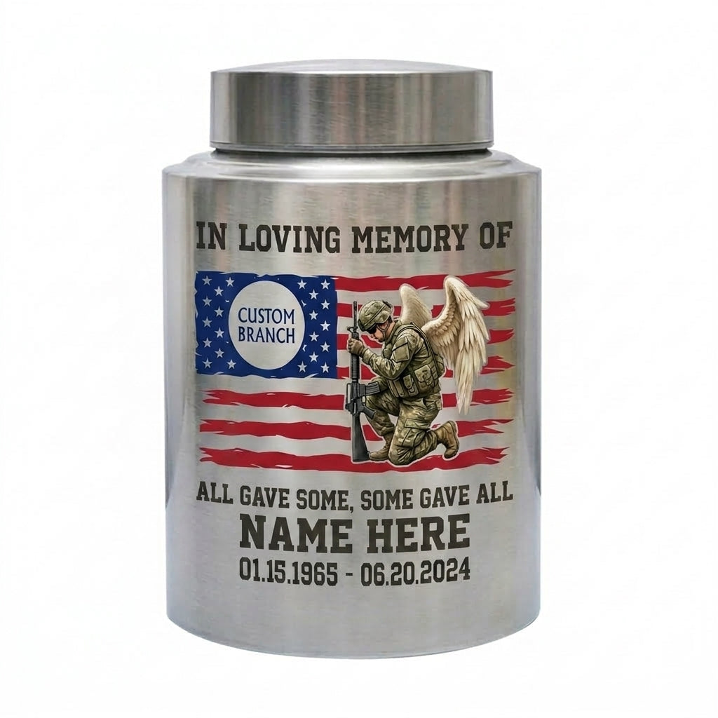 Personalized Veterans Memorial US Army Flag Stainless Steel Military Tribute Home Display Funeral Burial Large and Small Sizes Memorial Keepsake Urn, Memorial Gift, In Loving Memory - Image 1