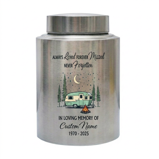 Personalized Forest Camping Outdoor Camper UV Printed Stainless Steel Funeral Bereavement Tribute for Nature Enthusiast Hiker 4 Colors Memorial Keepsake Urn, Memorial Gift, In Loving Memory - Image 1