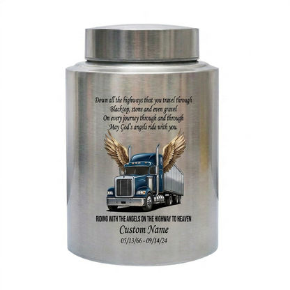 Personalized Semi Truck Angel Wings Large Stainless Steel Cremation Urn for Truck Driver Husband Father Grandfather Highway to Heaven UV Print Memorial Keepsake Urn, Memorial Gift, In Loving Memory - Image 1