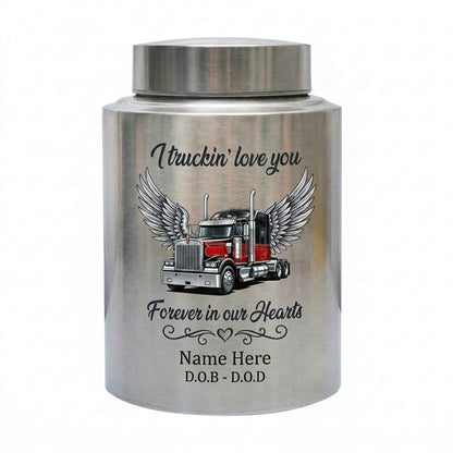 Personalized Semi Truck Angel Wings Stainless Steel Cremation Urn for Human Ashes, Truck Driver Dad Husband Grandpa Funeral Sympathy Gift, Memorial Keepsake Urn, Memorial Gift, In Loving Memory - Image 1