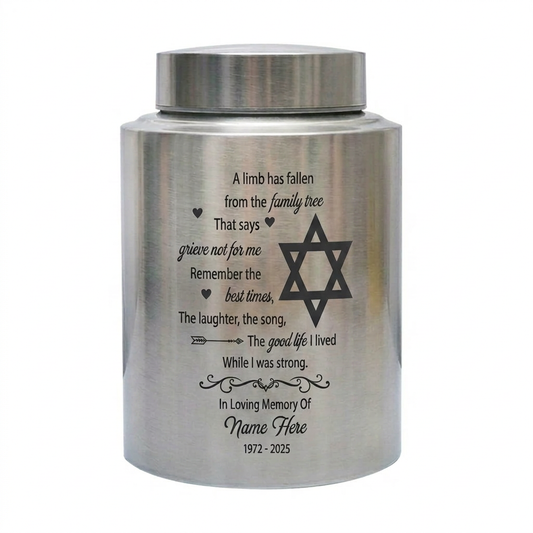 Personalized Tree of Life Jewish Star of David UV Printed Stainless Steel Urn Loss of Loved One Judaism Bereavement Tribute Large 7.5in Memorial Keepsake Urn, Memorial Gift, In Loving Memory - Image 1