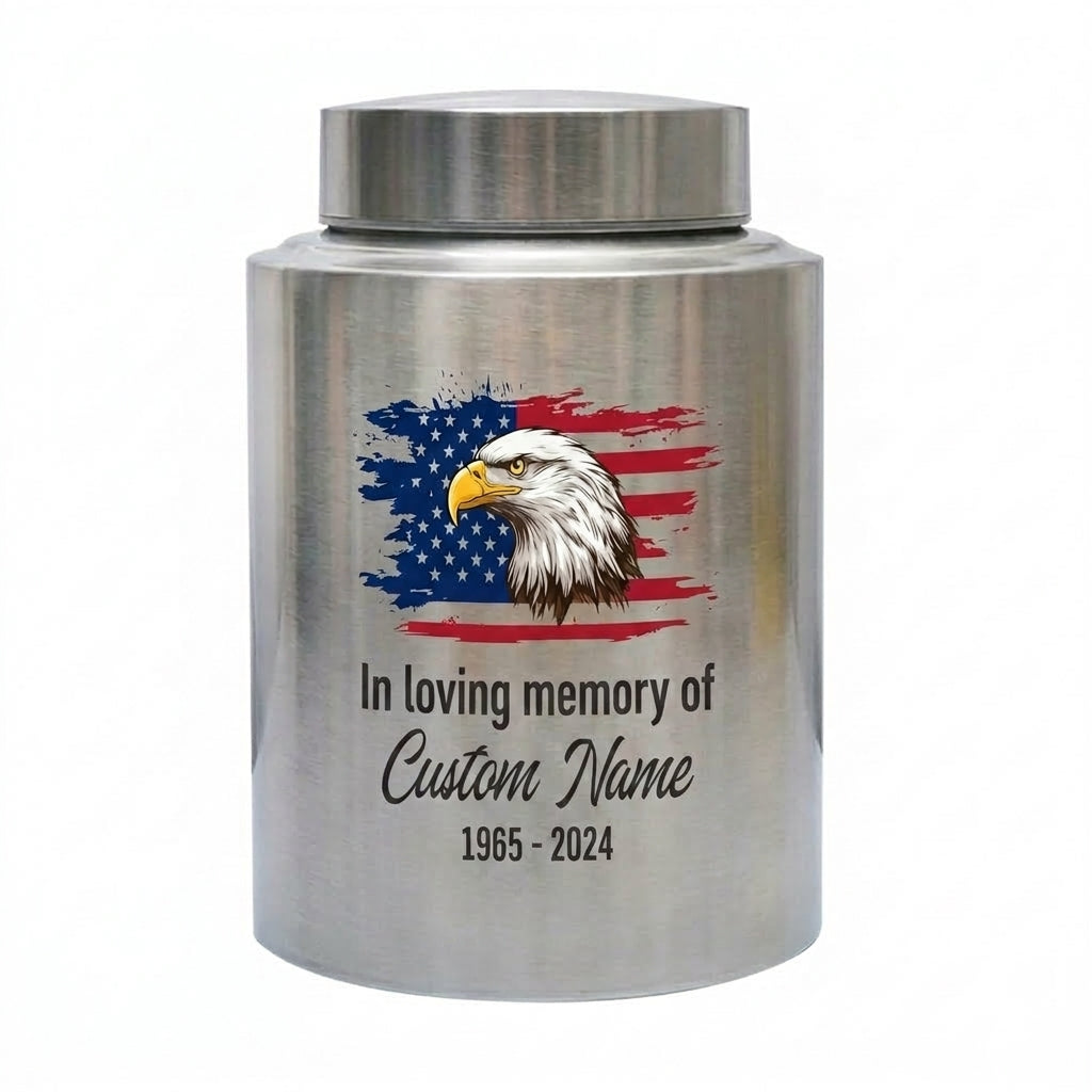 Personalized Eagle Cremation Urn for Human Ashes Adult Men Dad Veteran, UV Printed Metal Tribute Ash Container in Small 5.9in or Large 7.5in, Memorial Keepsake Urn, Memorial Gift, In Loving Memory - Image 1