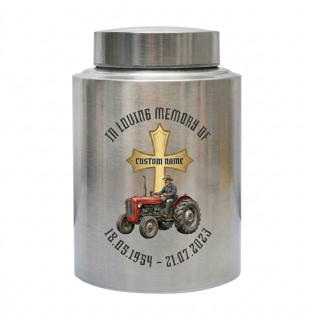 Personalized Farmer Tractor Gothic Cross Stainless Steel Urn for Human Ashes Loss of Father Grandfather Husband Decorative 5.9x3.9 7.5x5.1 Memorial Keepsake Urn, Memorial Gift, In Loving Memory - Image 1